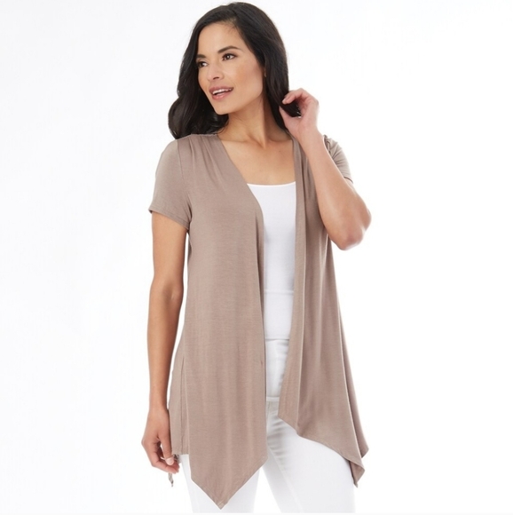 NWT Apt. 9 Taupe Open Front Cardigan Crochet Lace Back Insert Short Sleeves XL - Picture 9 of 12